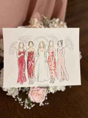 watercolor image of a bride and her bridesmaids, wearing dresses in a variety of shades of red, Orlando, FL