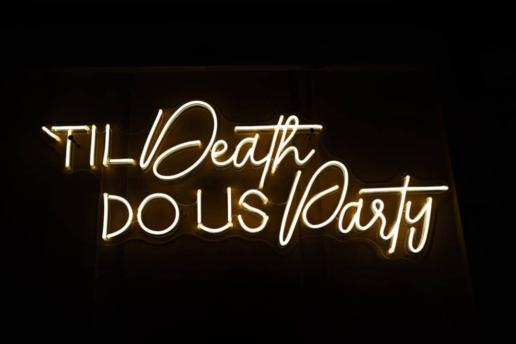 Till Death do us Party sign for dark and moody wedding