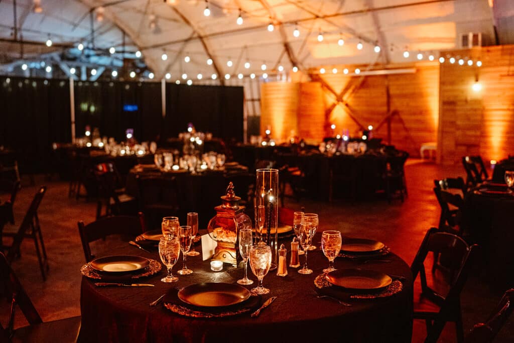 Reception image for a dark and moody wedding at 1010 West Venue 