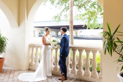 bride and groom facing each other, patio area, outdoors, Crowne Plaza Orlando Downtown, Orlando, FL