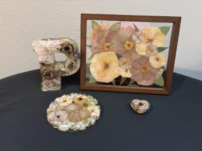 pressed flowers on display on a table with a black tablecloth, P, yellow flowers in a clear frame with a brown outline, Orlando, FL