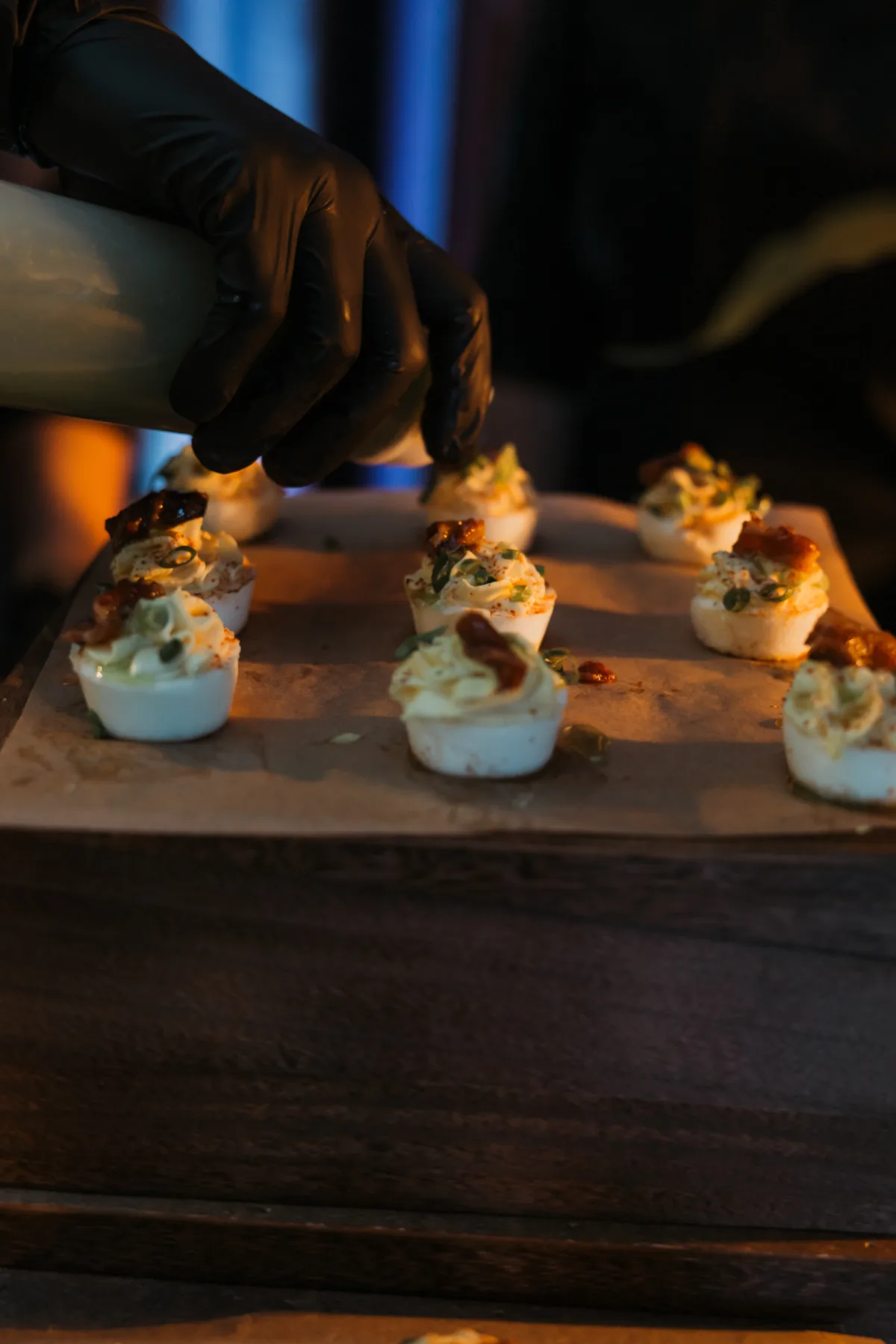 Bite-sized gourmet hors d'oeuvres served during wedding cocktail hour.