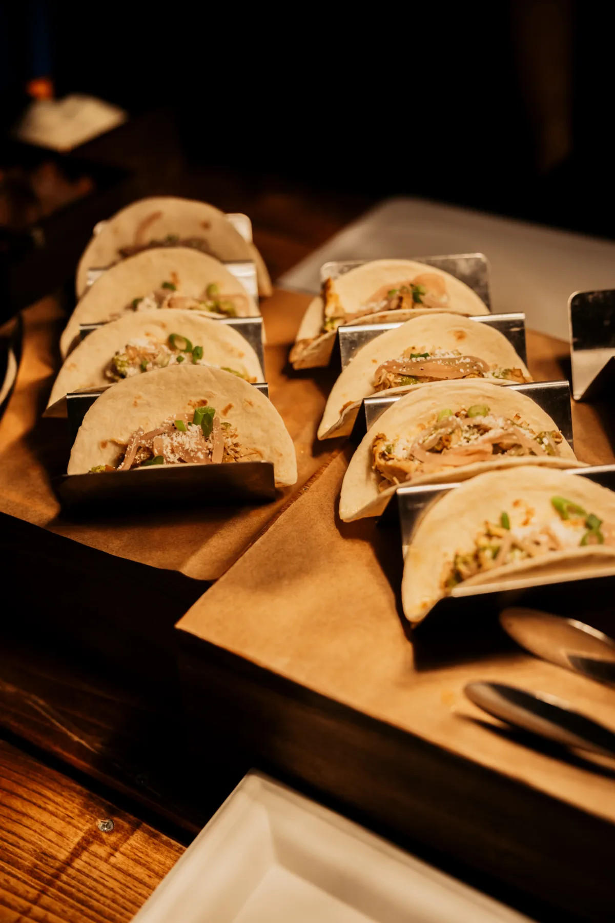 Bite-sized gourmet hors d'oeuvres served during wedding cocktail hour.