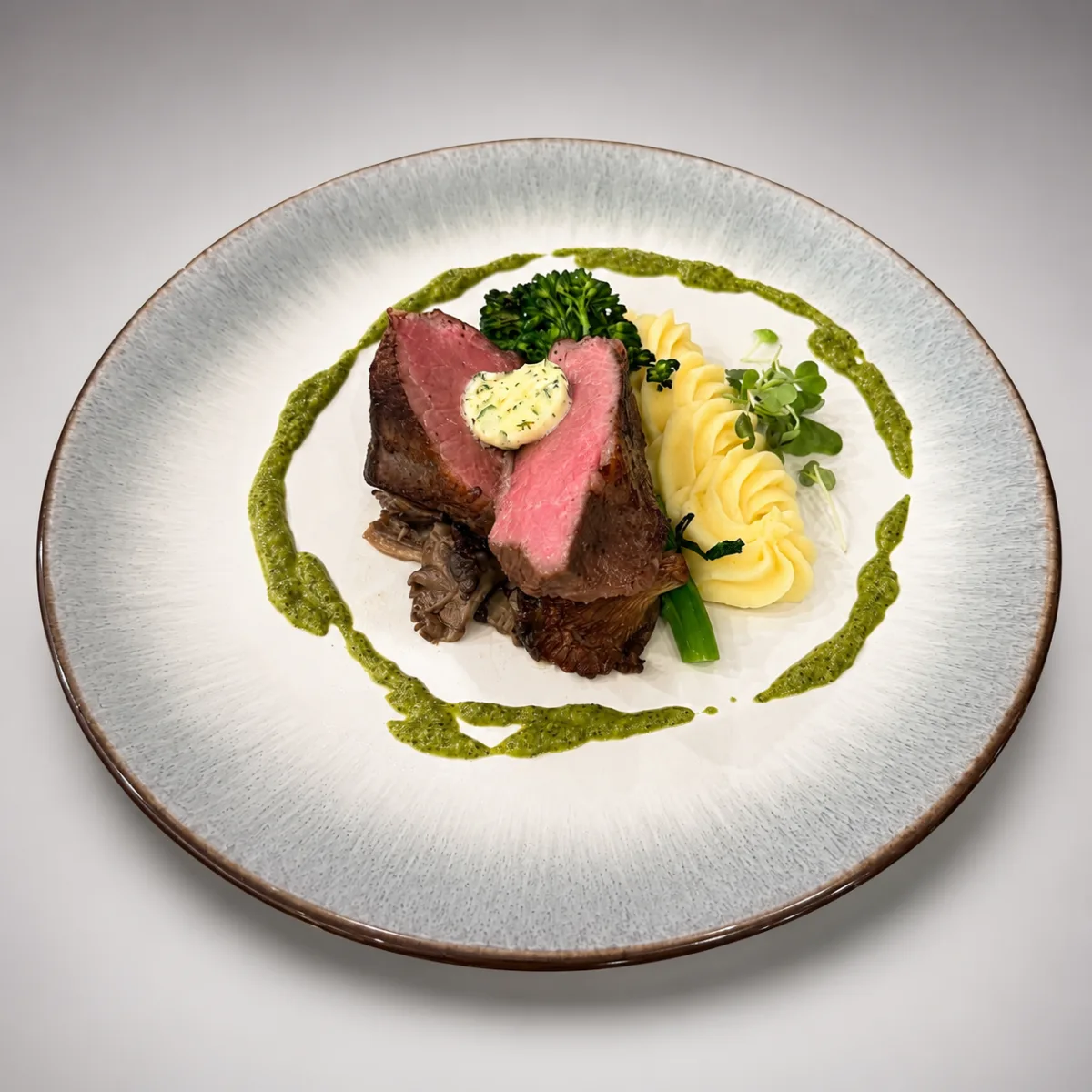 done wright culinary services 707c69bd - Done Wright Culinary Services Medium-rare beef tenderloin with herb butter, whipped potatoes, broccolini, mushrooms, and herb sauce, elegantly plated by Done Wright Culinary Services.