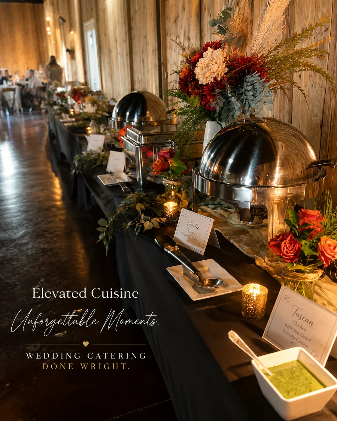 Beautifully presented wedding buffet featuring gourmet entrees prepared by Done Wright Culinary Services.