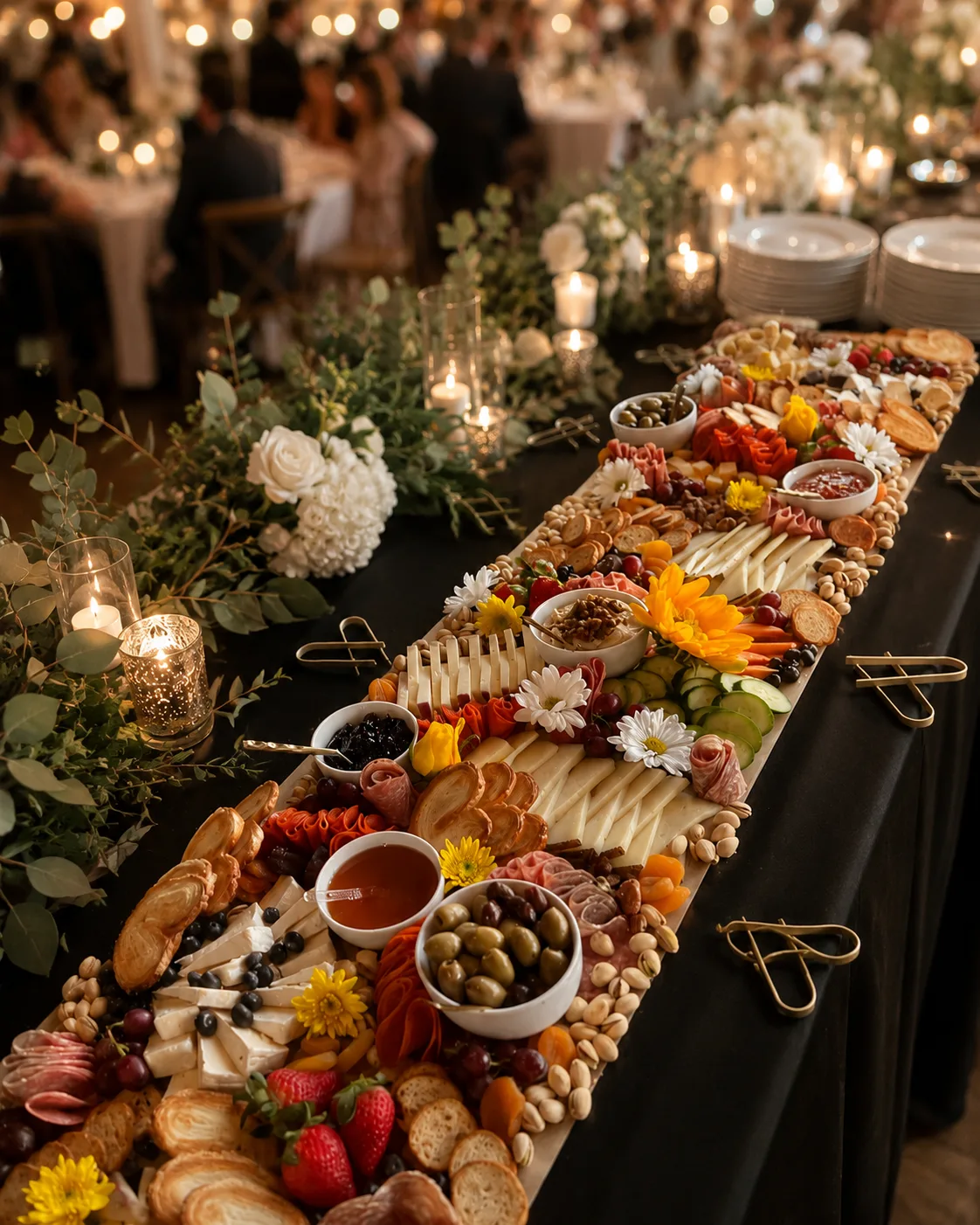 Luxury grazing table featuring artisan meats, cheeses, fruit, breads and accompaniments for wedding guests.
