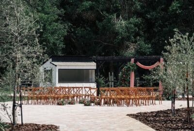 view from the back of the wedding ceremony set up, outdoor stone patio area, Orlando, FL