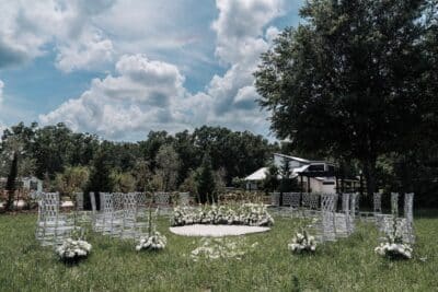 wedding ceremony setup outdoors, silver chairs, set in a circular arrangement, Orlando, FL