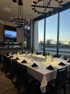 private event space, white tablecloth, black napkins, large windows, Fogo de Chão Vineland, Orlando, FL