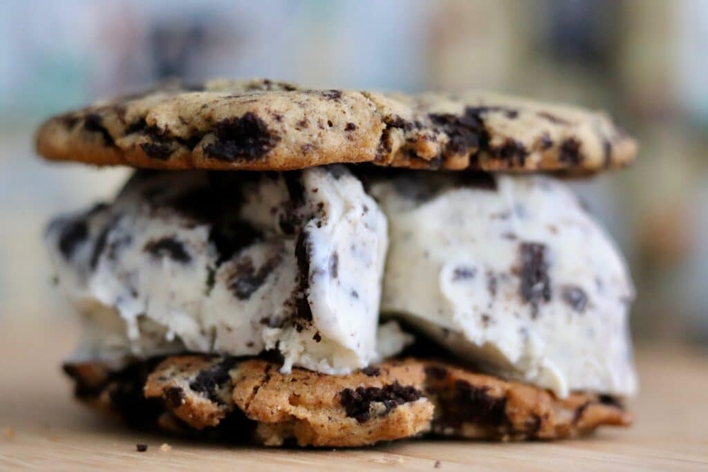 close up of a chocolate chip ice cream sandwich with cookies and cream ice cream, Orlando, FL