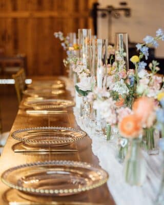 reception, clear chargers, white runner, centerpieces, Orlando, FL
