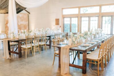 long tables, wooden chairs, glassware, reception, Moss Estates, Orlando, FL