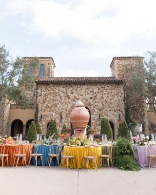 EventWorks Rentals, colorful tablecloths, tables, chairs, outdoors, Orlando, FL
