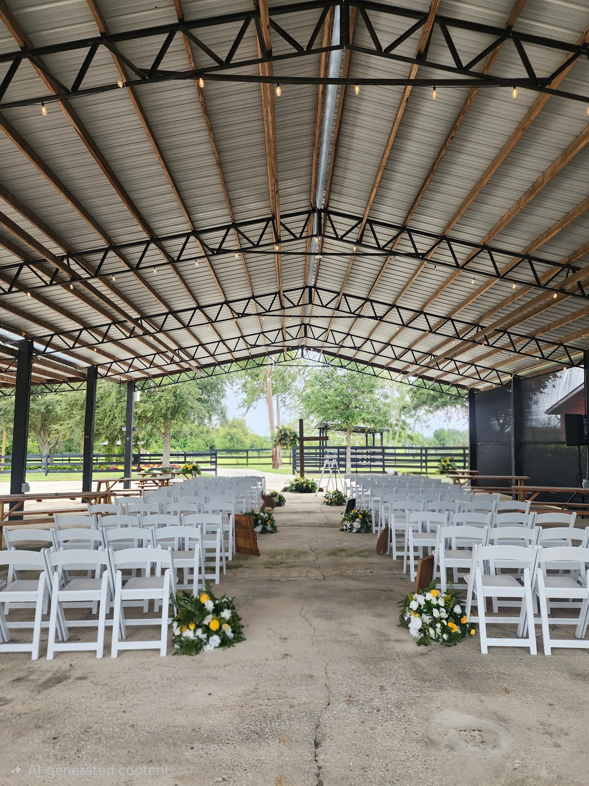 Covered outdoor wedding ceremony setup in the Pole Barn at The Ranch at St. Cloud with white chairs, floral aisle arrangements, and open-air structure.