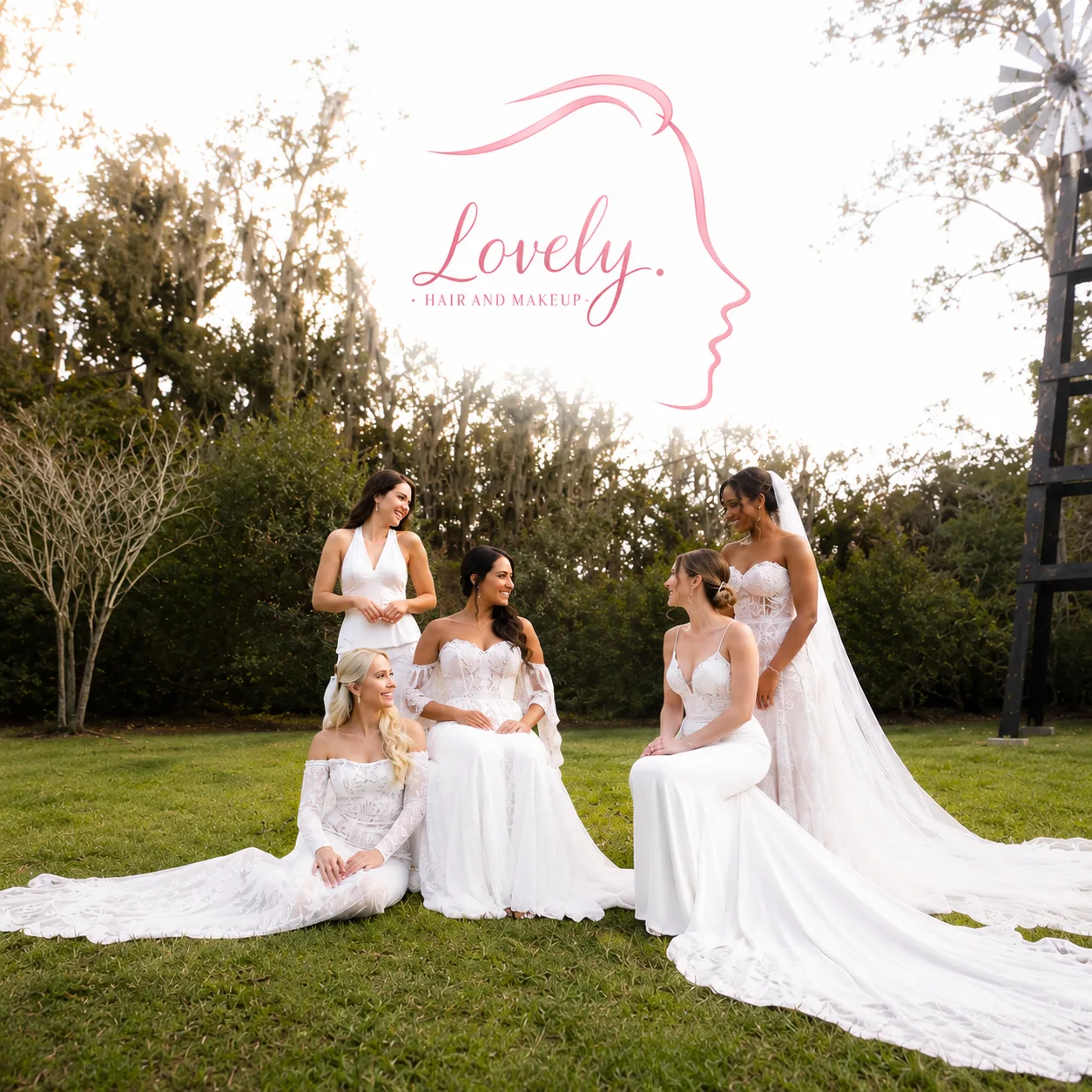 Five brides in modern wedding gowns posing in a dreamy outdoor setting with Lovely Hair and Makeup branding.