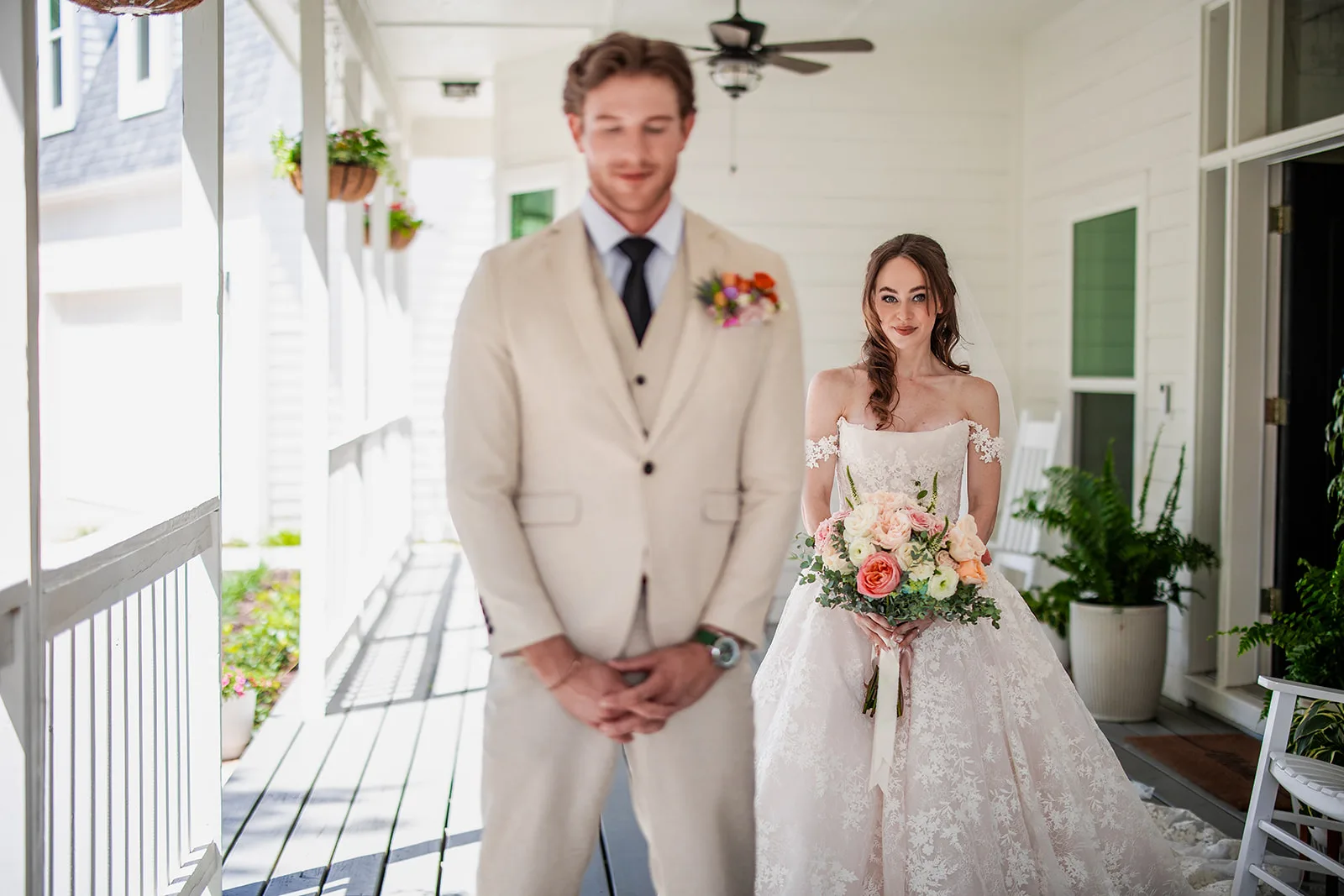 0G6A9468 - Organic Wedding Inspiration for Your Central Florida Wedding Image of the bride and groom ready for their first look, with the blurry groom focused on the bride for this Organic wedding inspiration styled shoot.