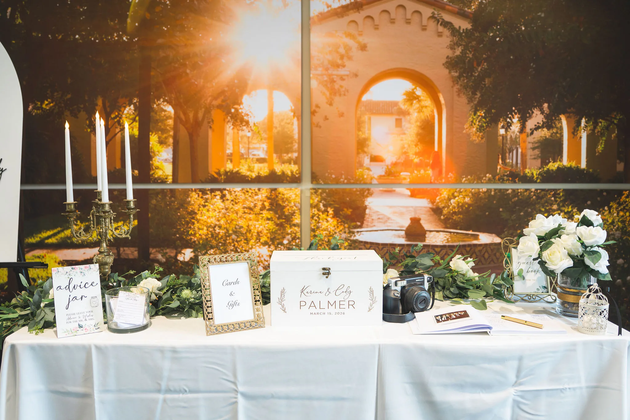 CodyKarinaWedding03.15.2026 41 - European Inspired Wedding | Rollins College Wedding gift and cards table with custom Palmer box and gold candlesticks at Rollins College reception