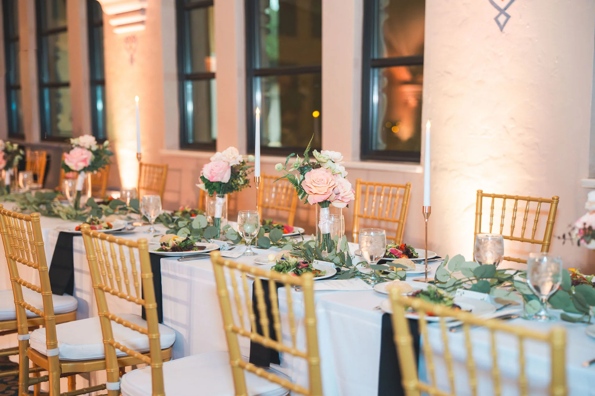 CodyKarinaWedding03.15.2026 841 - European Inspired Wedding | Rollins College Blush pink and white floral centerpiece on gold reception table at Rollins College european inspired wedding
