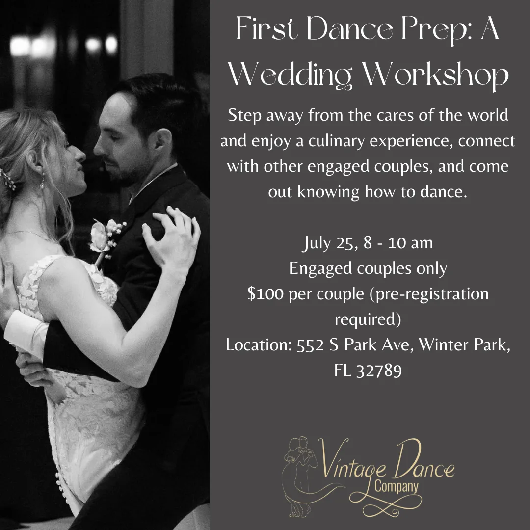 A graphic displaying information for a wedding dance workshop.