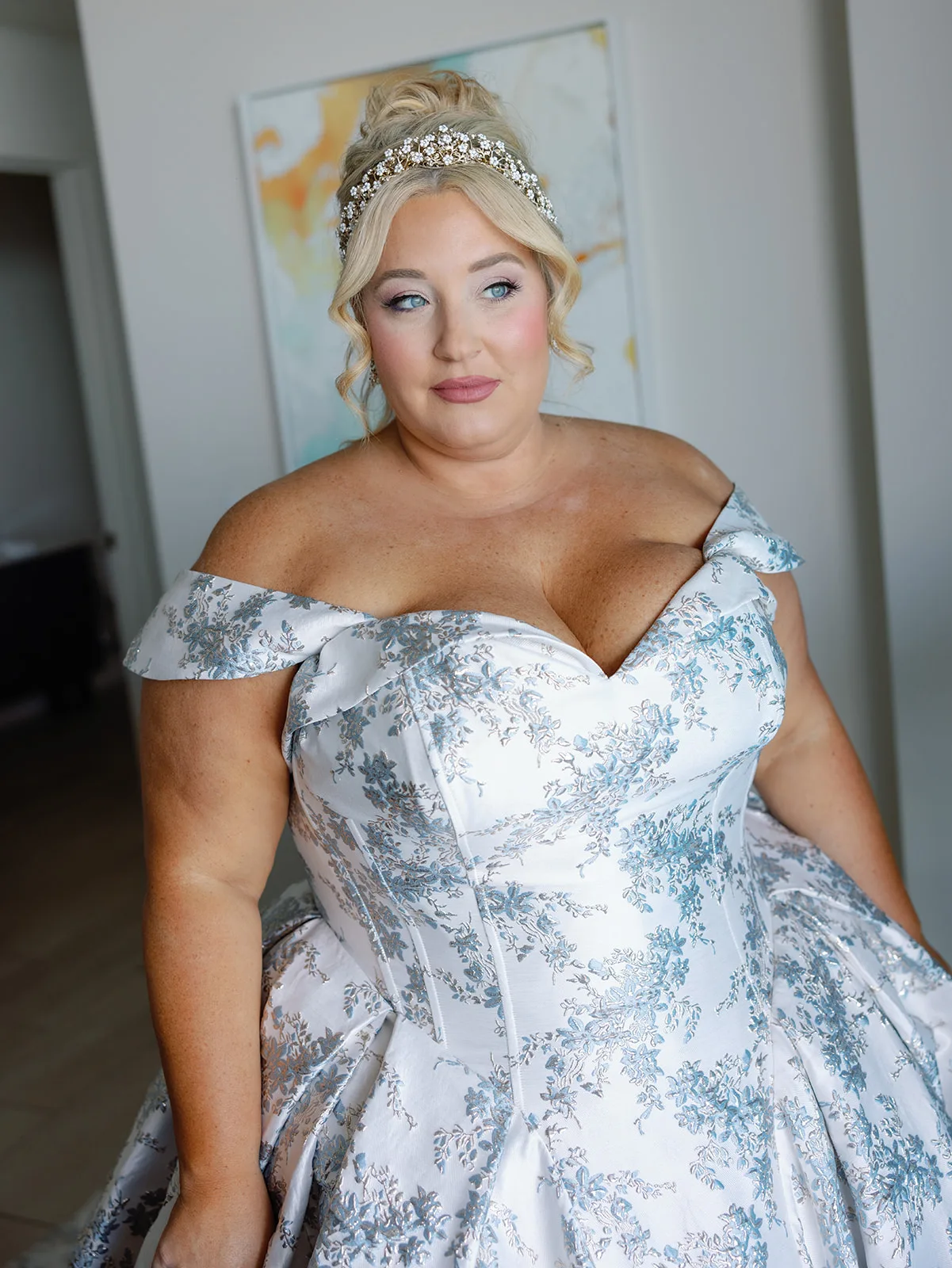 BB GR 036 - Romantic Blush and Blue Daytona Beach Wedding Bride with blue and white wedding dress