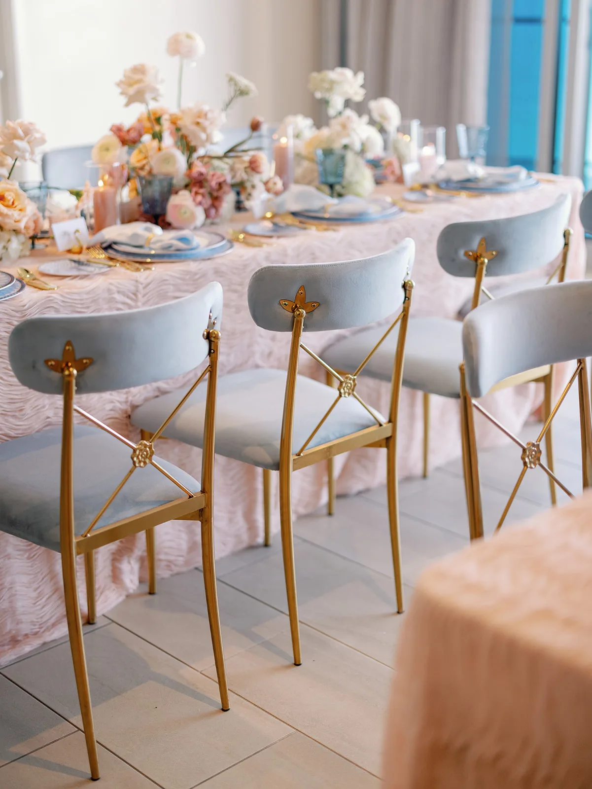 BB Rec Details 039 - Romantic Blush and Blue Daytona Beach Wedding Dusty blue chairs and blush details at wedding reception