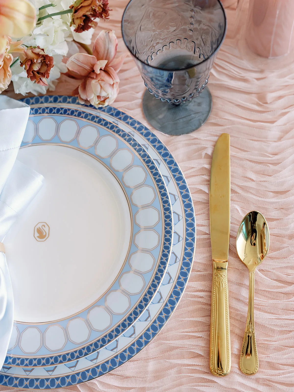 BB Rec Details 113 - Romantic Blush and Blue Daytona Beach Wedding Tablescape with blue plates and blush tablecloth
