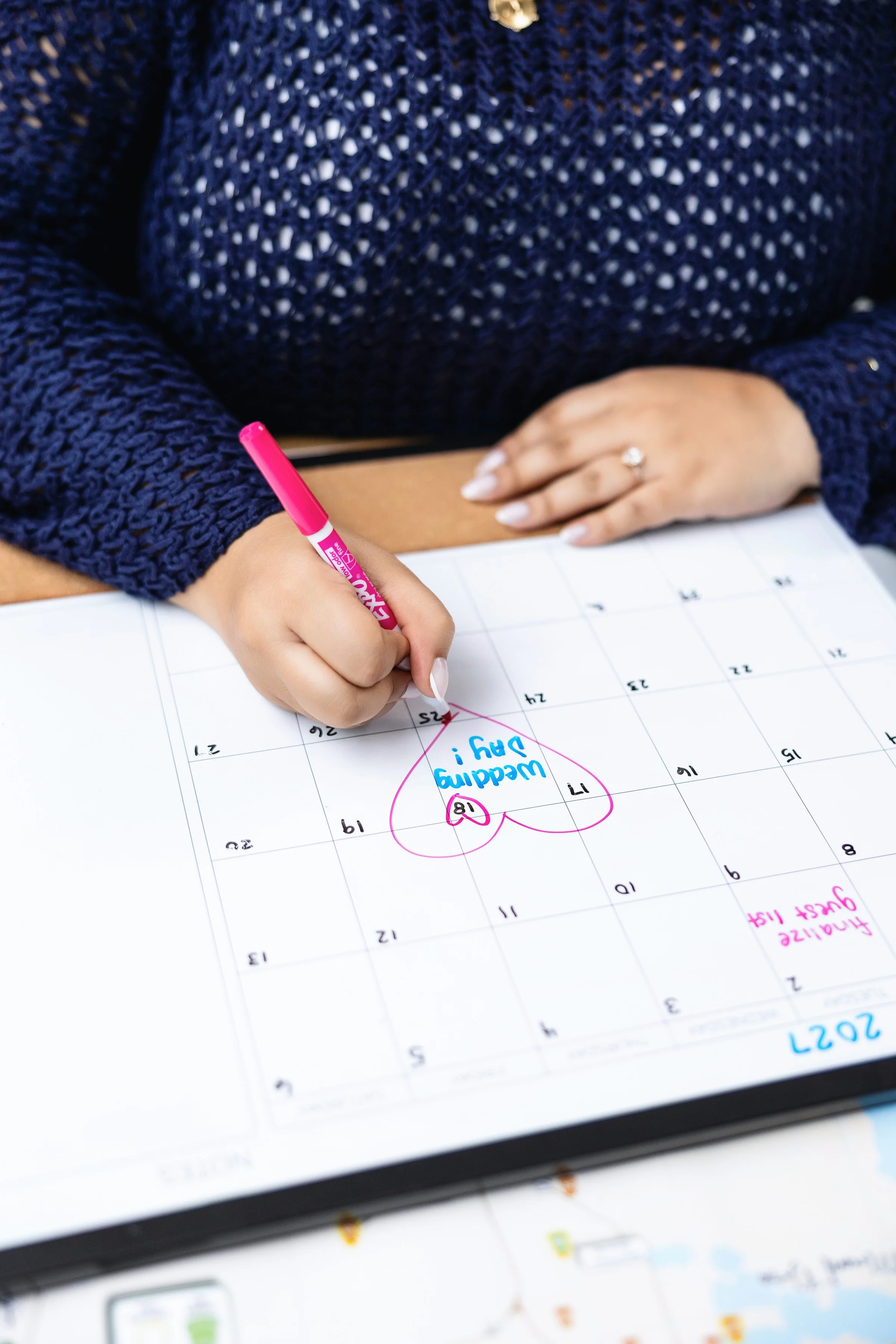Wedding Day Calendar - Start Here Bride circles wedding day in heart on printed monthly calendar