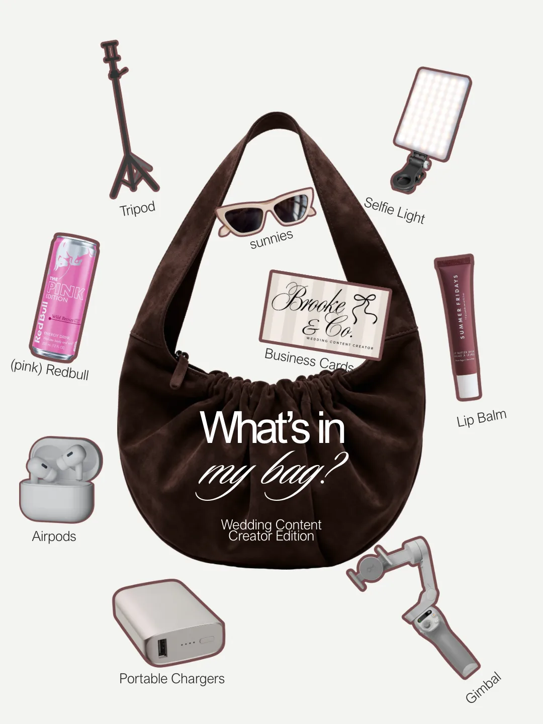 What's in my bag wedding content creator edition flat lay by Brooke and Co featuring a brown suede hobo bag surrounded by essential creator tools including a tripod, selfie light, gimbal, AirPods, portable charger, pink Red Bull, sunglasses, lip balm, and business cards for wedding content creation in Orlando and Central Florida