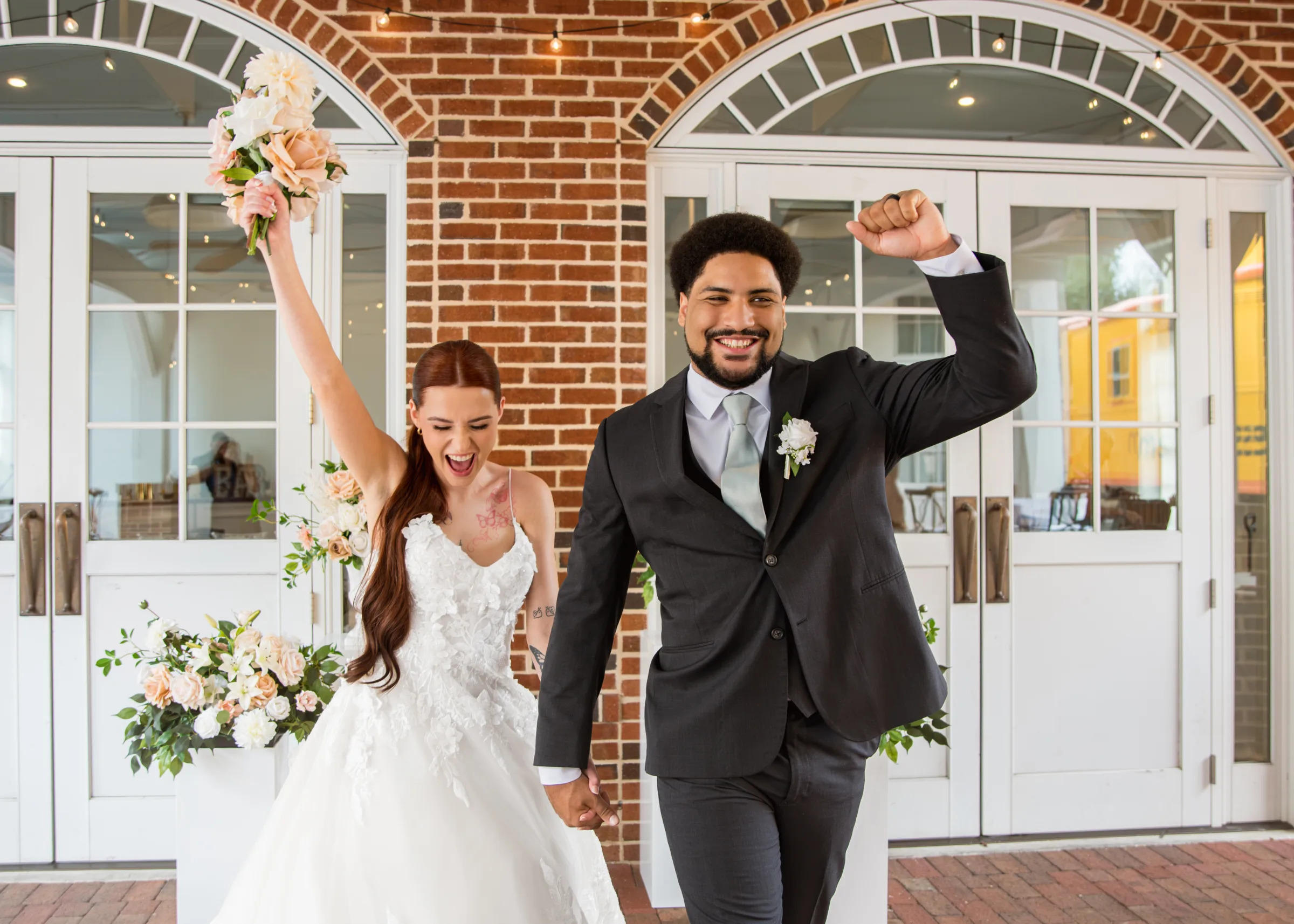 classic romantic wedding inspiration6 - Classic Romantic Wedding Inspiration at Heller Hall in Winter Garden Couple celebrating after saying 'I Do"