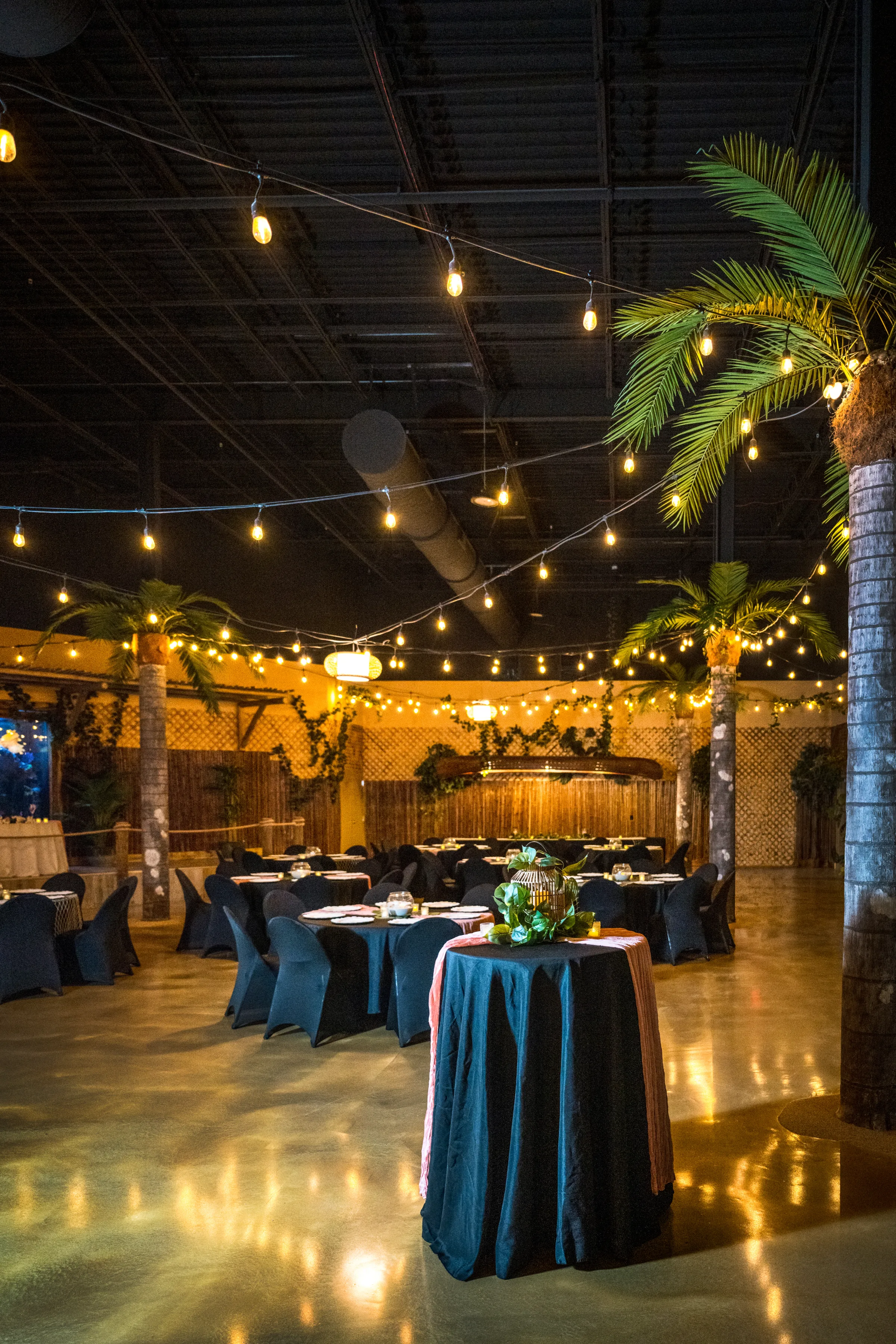 Tropical wedding reception setup at Daytona Aquarium in Daytona Beach Florida featuring dark navy linen draped tables with greenery centerpieces, black spandex chair covers, string bistro lights strung overhead, and tall indoor palm trees creating an alternative tropical event venue atmosphere