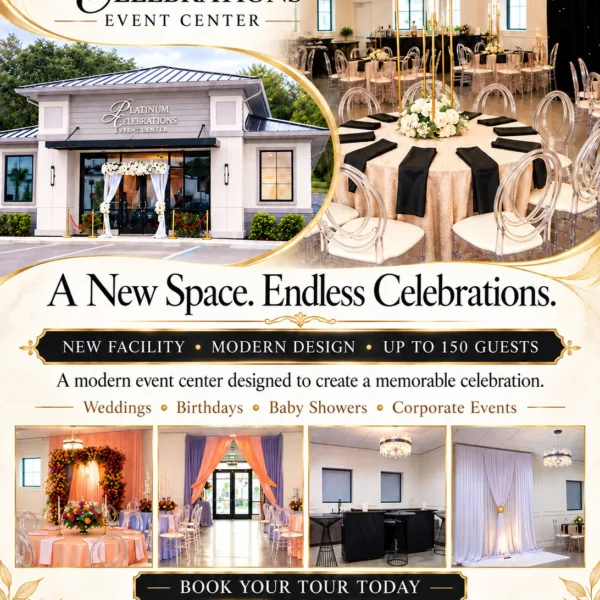 Platinum Celebrations Event Center in Apopka Florida wedding venue featuring modern ballroom with ghost chairs gold candelabras and black linen table settings accommodating up to 150 guests for weddings birthdays baby showers and corporate events at 2655 Ocoee Apopka Road