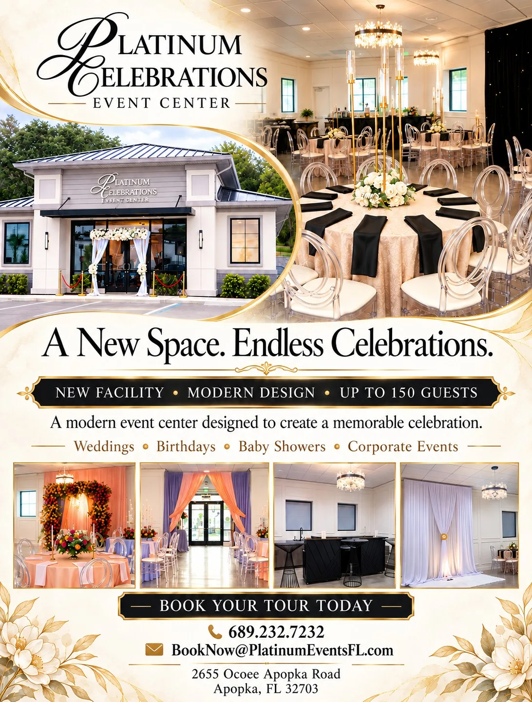 Platinum Celebrations Event Center in Apopka Florida wedding venue featuring modern ballroom with ghost chairs gold candelabras and black linen table settings accommodating up to 150 guests for weddings birthdays baby showers and corporate events at 2655 Ocoee Apopka Road
