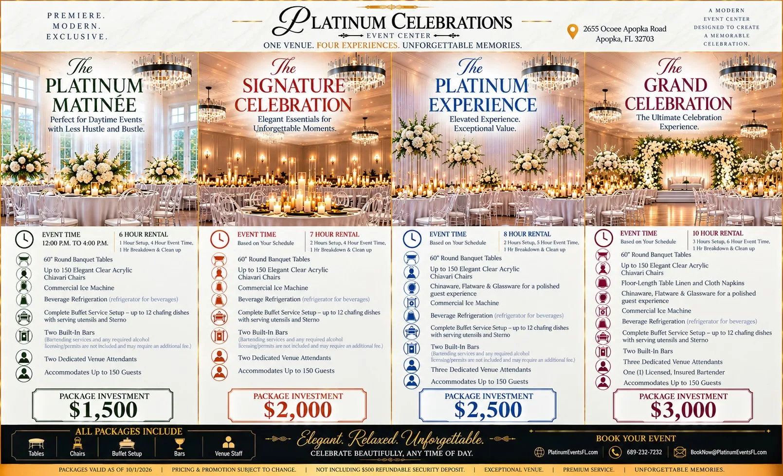Platinum Celebrations Event Center wedding venue packages pricing guide featuring four rental options from 1500 to 3000 dollars for elegant ballroom and banquet hall events accommodating up to 150 guests in Apopka Florida near Orlando