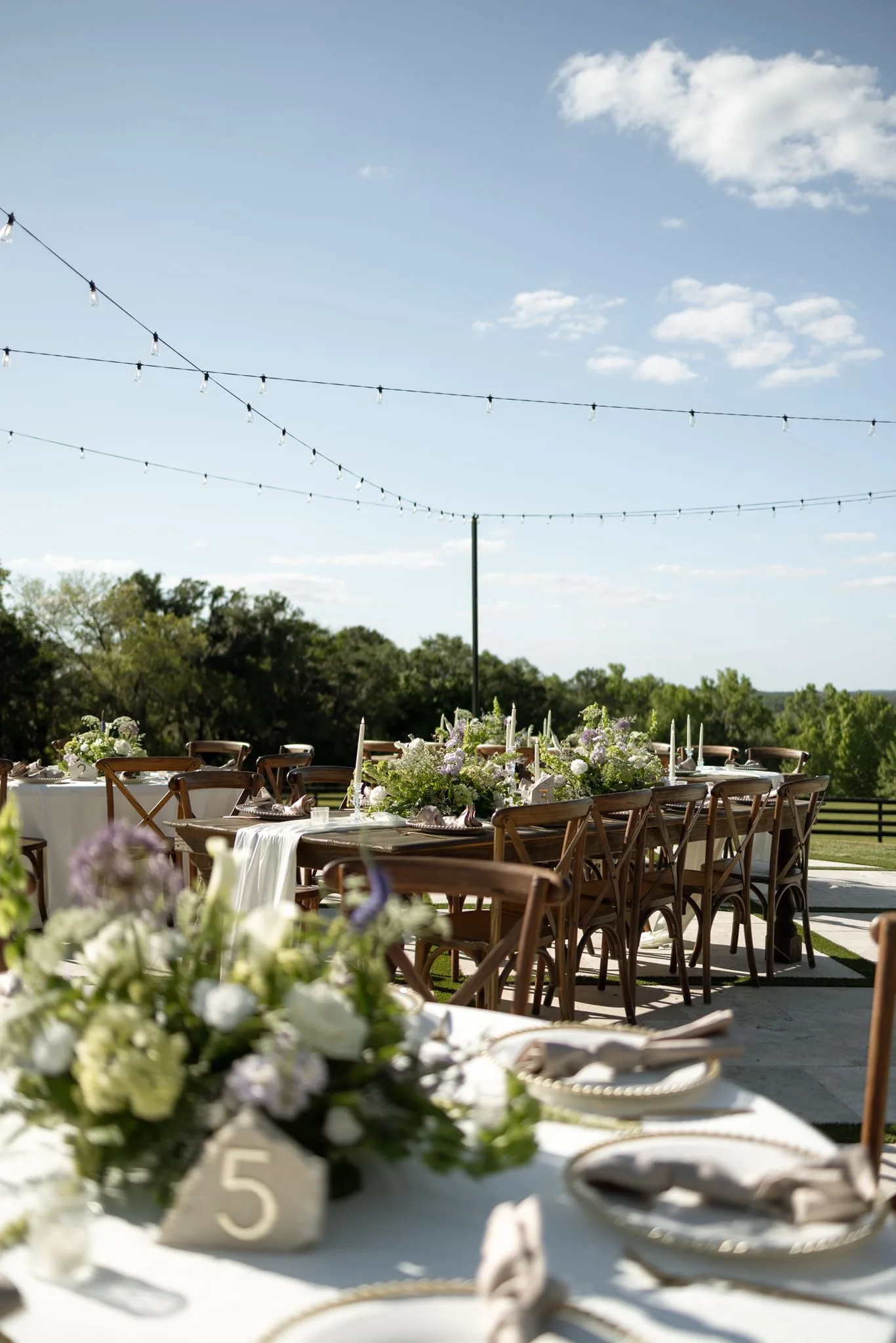 lilac ivory wedding outdoor tablescape la hacienda snow hill 2 - An Elegant Lilac and Ivory Wedding at La Hacienda on Snow Hill Lilac and ivory outdoor wedding reception tablescape with lush floral centerpieces, string lights, and farmhouse tables at La Hacienda on Snow Hill in Central Florida