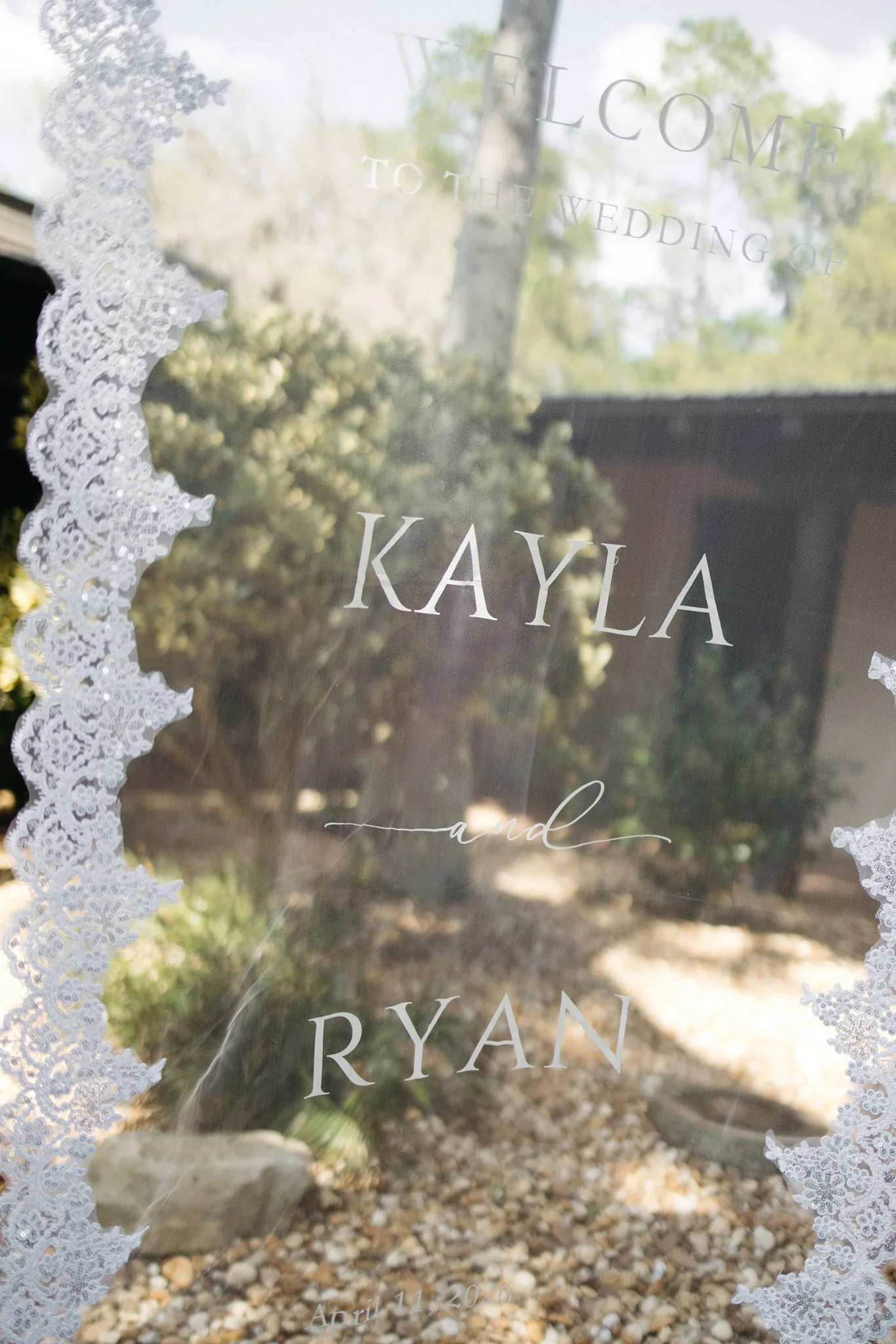 lilac ivory wedding welcome sign la hacienda snow hill - An Elegant Lilac and Ivory Wedding at La Hacienda on Snow Hill Elegant acrylic wedding welcome sign with lace border for Kayla and Ryan's lilac and ivory spring wedding at La Hacienda on Snow Hill in Orlando, Florida